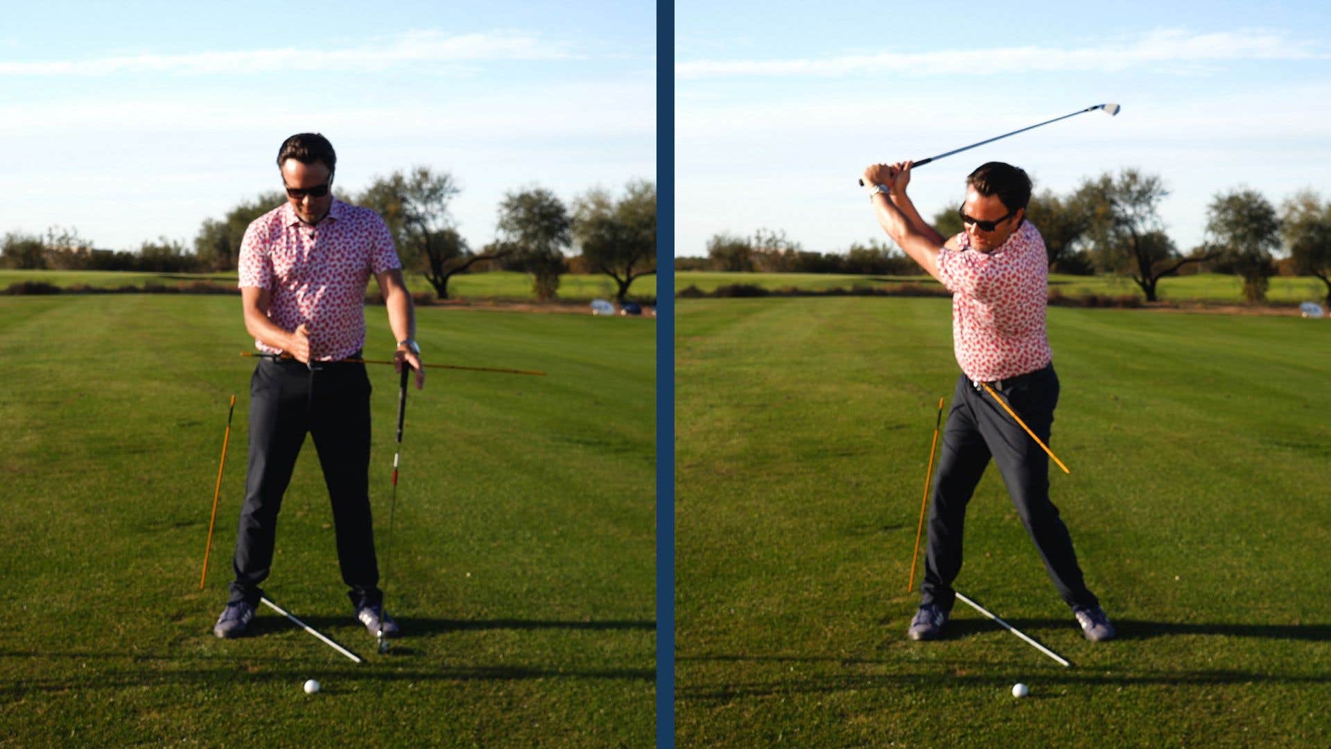 Use this drill to load trail side in backswing and gain more distance